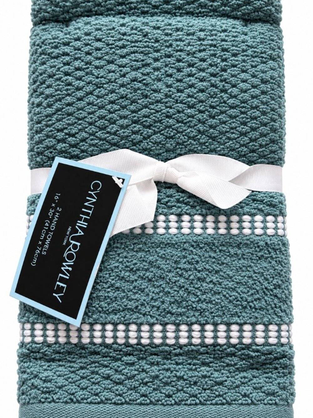 Cynthia Rowley Hand Towels Blue Green Cotton 16x30" Set of 2 White Striped